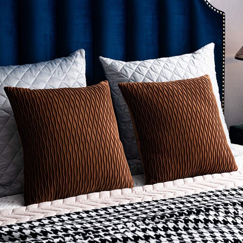 DEZENE Light Brown Throw Pillow Cases: 2 Pack 18x18 Inch Original Stripe Velvet Square Decorative Pillow Covers for Farmhouse Couch - Image 4